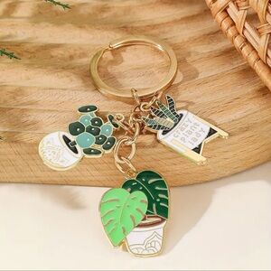 Green Plants Fleshy Pot Keychain,Glazed Pendant Zinc Alloy Keyring, Bag Backpack
